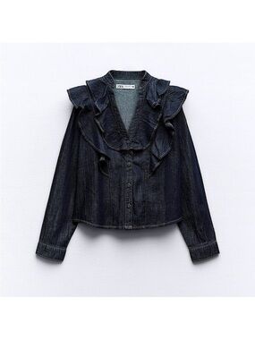 Zara Ruffled Denim Button-Down Top in Dark Blue